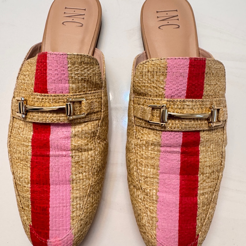 INC International Concepts Pink and Red Striped Raffia Mules